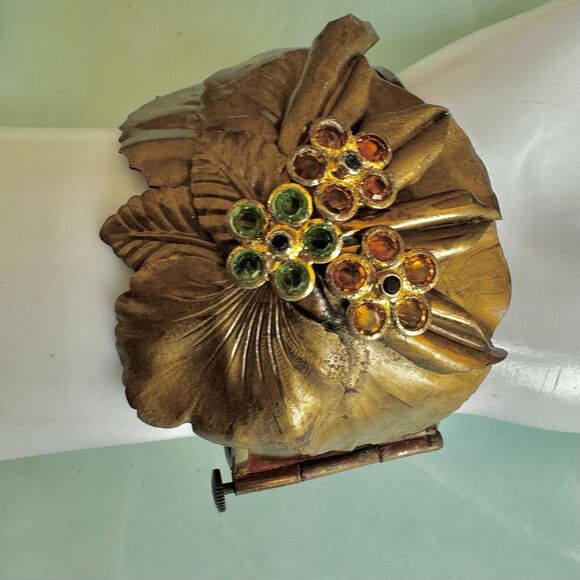 Vintage Repoussé Brass Floral Statement Cuff – Hinged w/ Gemmy Glass - Picture 1 of 12